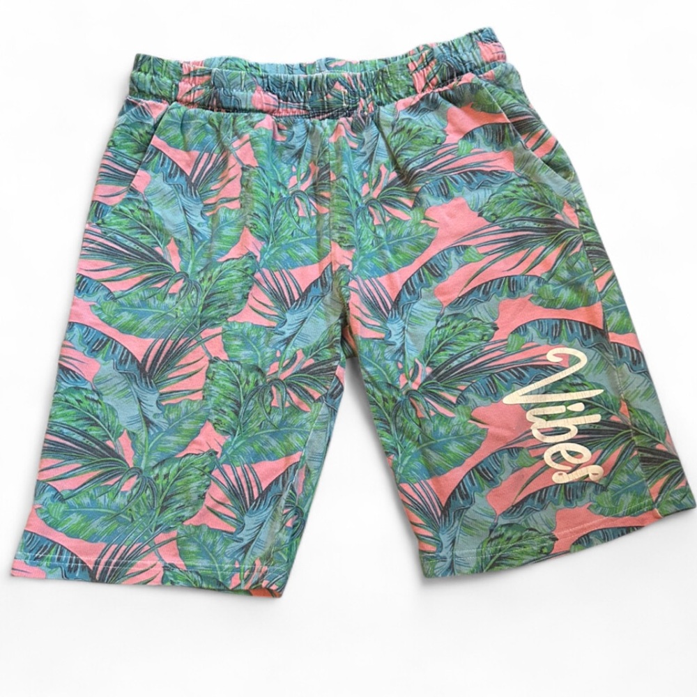 Tropical Print Cotton Shorts S/M Vibes Graphic Pockets Stretch Festival Resort